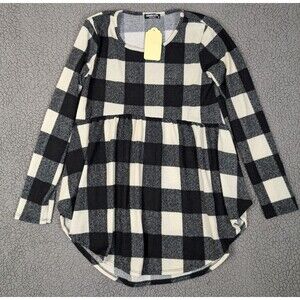 Heimish USA Womens Top Checkered Baby Doll Henley Tunic Sz Small Black Cream NWT